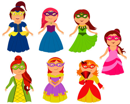 Little girls in princess costume in masquerade mask and fancy dress. A set of cute kids dressed as royalty. vector