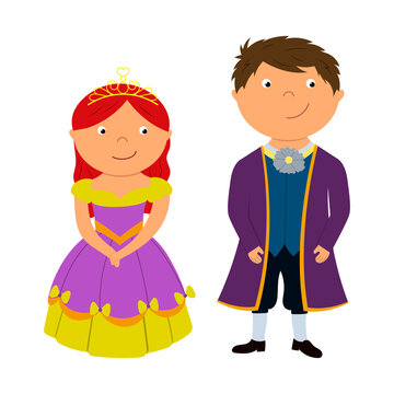 A beautiful fairy-tale princess and a prince in a crown and a fancy dress. Children's illustration for printing