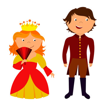 A beautiful fairy-tale princess and a prince in a crown and a fancy dress. Children's illustration for printing