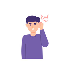 illustration of a man holding his ear because his ear is swollen. feel a sharp earache. infection, inflammation, pain. flat cartoon style. vector design