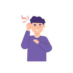 illustration of a man holding his ear because his ear is swollen. feel a sharp earache. infection, inflammation, pain. flat cartoon style. vector design