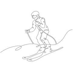 Alpine skier rides along a snowy slope. The athlete goes downhill skiing. Winter sports. Alpine skier.One continuous line .One continuous drawing line logo isolated minimal illustration.