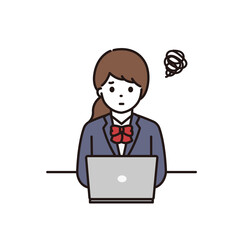 パソコンの前で困っている学生服の女子高校生・中学生