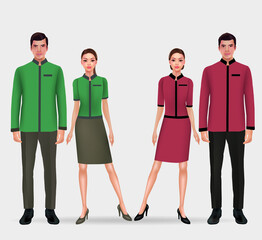 Set of isolated characters, hotel staff, administrator, animator, barman, maid, director, concierge, porter, registration statement in flat style for websites, printed materials.