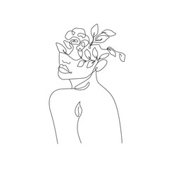 Female Floral Line Art Drawing. Flower Head Woman Line Drawing for Wall Art, Print, Poster, Social Media. Flower Woman Minimalist Art. Vector EPS 10