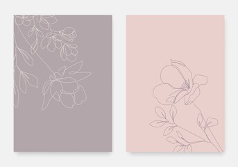 Botanical Print Set with Line art Flowers and Leaves. Floral Poster for Wall Art, Herb Prints, Botanical Leaf and Plant Poster Line Drawing. Vector EPS 10
