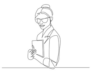 Woman Working Continuous One Line Drawing. Businesswoman and Book Outline Drawing. Female Line Abstract Portrait. Minimalist Contour Drawing. Vector EPS 10