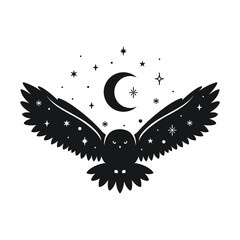Owl silhouette, moon and stars, night, black and white 