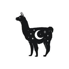 Llama silhouette, moon and stars, night, black and white 
