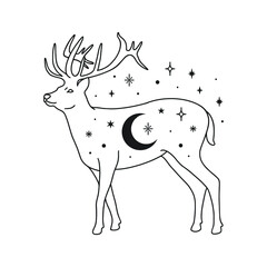 Deer silhouette, moon and stars, night, black and white 