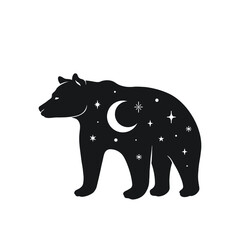 Silhouette of a bear, moon and stars, night, black and white
