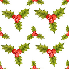 Seamless Christmas pattern with holly berries. 