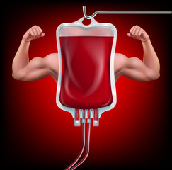 Blood donation bags from very healthy people.strong arm muscles.illustration vector - obrazy, fototapety, plakaty
