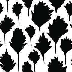 Black hand drawn leaves on a white background. Vector seamless pattern. 