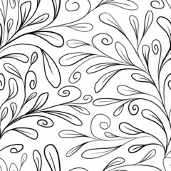 Hand drawn branches and leaves on a white background. Seamless pattern. Design for cloth, print, paper, card.