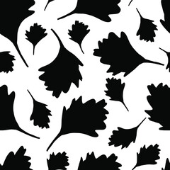 Black leaves on a white background. Vector seamless pattern. Doodle illustration.