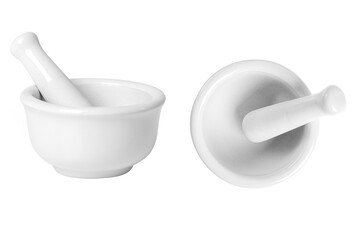 White ceramic mortar and pestle isolated on white background.