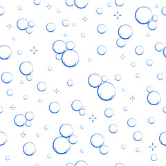 Cartoon soap bubbles seamless pattern. Effervescent oxygen bubbles, bath suds, fizzy soda or drink. Hand drawn vector illustration.