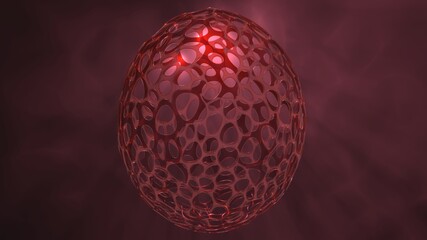 Fototapeta premium Glowing transparent egg shaped cocoon with thin lattice structure mesh. 3d render illustration with volumetric light rays subsurface scattering of light 