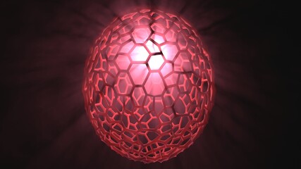 Glowing transparent egg shaped cocoon with thin lattice structure mesh. 3d render illustration with volumetric light rays subsurface scattering of light 