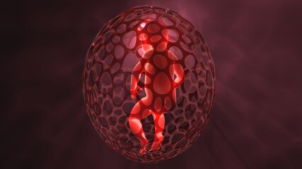 Human baby glowing transparent skin in egg shaped cocoon. Genetically engineered infant. Human cloning.Alien child.3d render illustration volumetric light rays subsurface scattering of light in skin