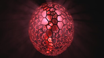 Man with glowing transparent skin inside egg shaped cocoon. Genetically engineered human. Human cloning. 3d render illustration with volumetric light rays