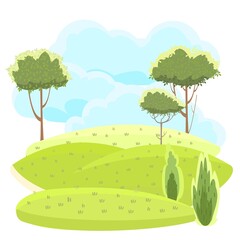 Rural beautiful landscape. Cartoon style. Clouds. Hills with grass and forest trees. Lush meadows. Cool romantic beauty. Flat design illustration. Vector art