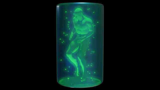 Man in bottle . Human male in glass tank. Genetically engineered humanoid . Human cloning. 3d rendering illustration
