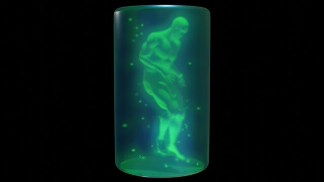 Man in bottle . Human male in glass tank. Genetically engineered humanoid . Human clone. 3d render illustration