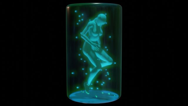 Woman in bottle . Human female in glass tank. Genetically engineered person .  Human cloning .3d render illustration