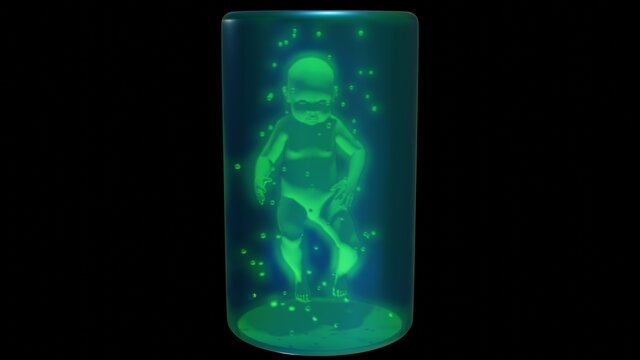 	
Baby in bottle . Child in glass tank. Genetically engineered child. 3d render illustration