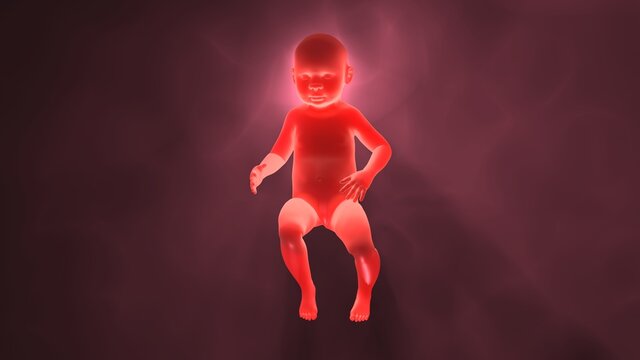 Glowing human baby with semi transparent skin , subsurface scattering of light. Genetically engineered child. Human cloning.  3d render illustration 