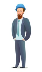 Man engineer in suit and protective helmet. Office guy at construction site. Cheerful person. Standing pose. Single Character cartoon comic style. Illustration isolated on white background. Vector