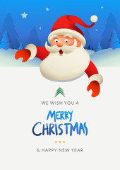 Merry Christmas! Cute Santa Claus with big signboard Illustration in Christmas scene.	