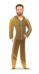 Man in tracksuit. Guy got ready for sports activities. Cheerful person. Standing pose. Cartoon comic style flat design. Single character. Illustration isolated on white background. Vector