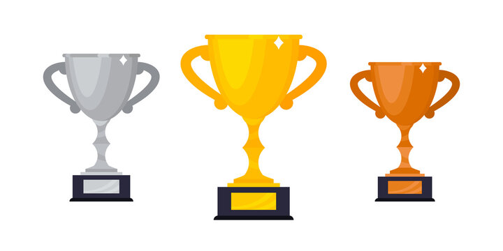 Gold, Silver And Bronze Award Trophy Goblet Cup Set Icon Sign Flat Style Design Vector Illustration Isolated On White Background.