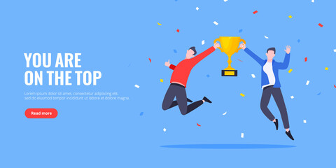 Happy business employee team winners award ceremony flat style design vector illustration. Employee recognition and best worker competition award team celebrating victory winner business concept.