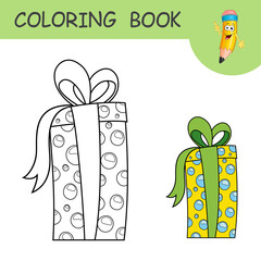 Coloring book with Gift Box. Colorless and color samples Christmas or or Birthday Box on coloring page for kids. Coloring design in cartoon style. Black contour silhouette with a sample for coloring.