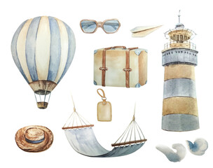Watercolor travel set isolated on a white background.