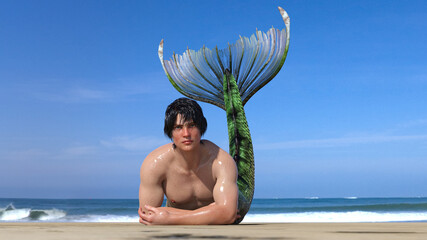 3D Render : A merman is lying on the sand beach on the sunny day 