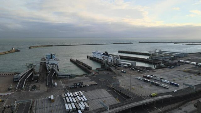 Two ferrys loading Port of Dover ,Ferry terminal Kent England ,aerial 4k footage