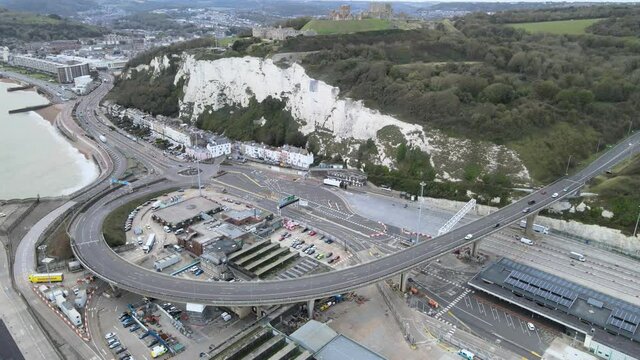 A2 road connecting Port of Dover ,Ferry terminal Kent England ,Drone overhead 4k footage