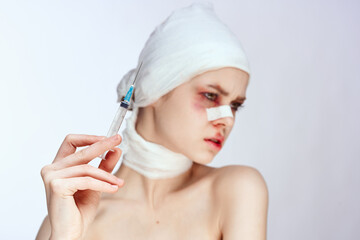 emotional woman bruised face medicine treatment injury isolated background