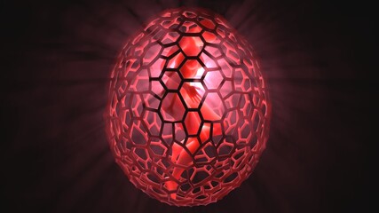 Woman with glowing transparent skin inside egg shaped cocoon. Genetically engineered human. Human cloning. 3d render illustration with volumetric light rays