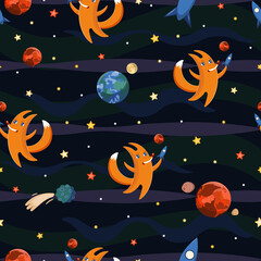 Cute cartoon baby-fox with a toy spaceship, seamless vector pattern.