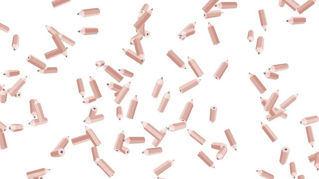 Many brown pencils floating in air on white background. Education concept. Low polygonal writing utensil. 3D loop animation.