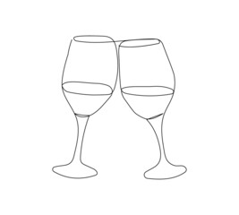 Two glasses of wine clink glasses one line art. Continuous line drawing of new year holidays, christmas, birthday, champagne, alcohol, cocktail, drink, joy.