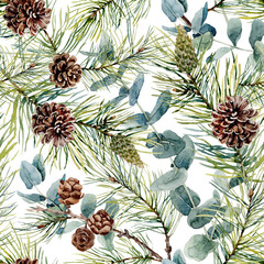 Seamless pattern with cones. Winter watercolor background.