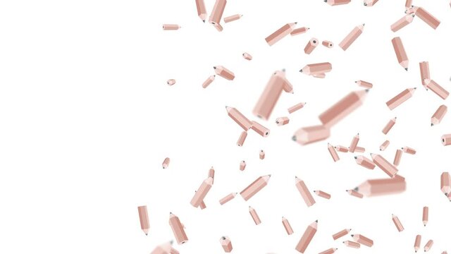 Many brown pencils floating in air on white background. Education concept. Low polygonal writing utensil. 3D loop animation.