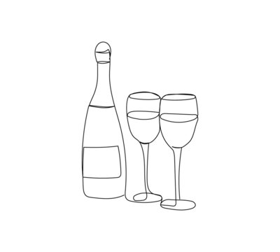 Two glasses and a bottle one line art. Continuous line drawing of new year holidays, christmas, birthday, champagne, wine, liquor, rum, alcohol, cocktail, drink, joy.